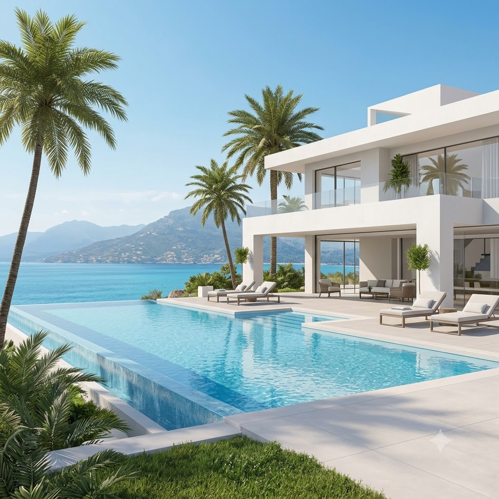 White villa with infinity pool and palm trees by the sea